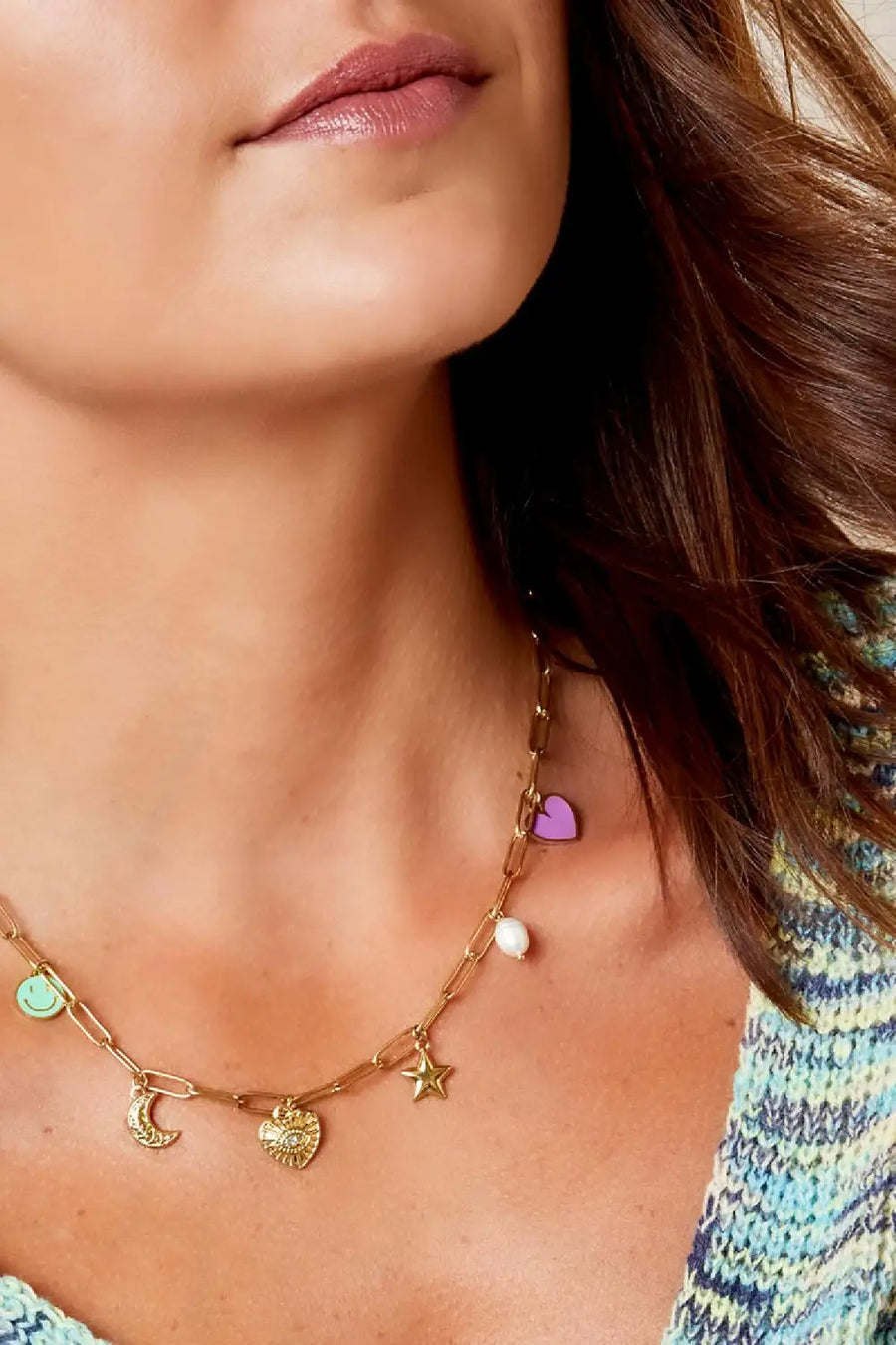 Bedelketting met smiley, hartje, maan en ster stainless steel LoveSieraden