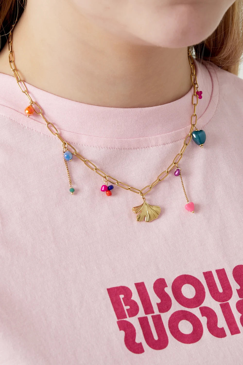 Gouden ketting met vrolijke bedels en kralen stainless steel LoveSieraden