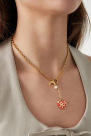 Gouden ketting dames met maan en rode hart bedel LoveSieraden