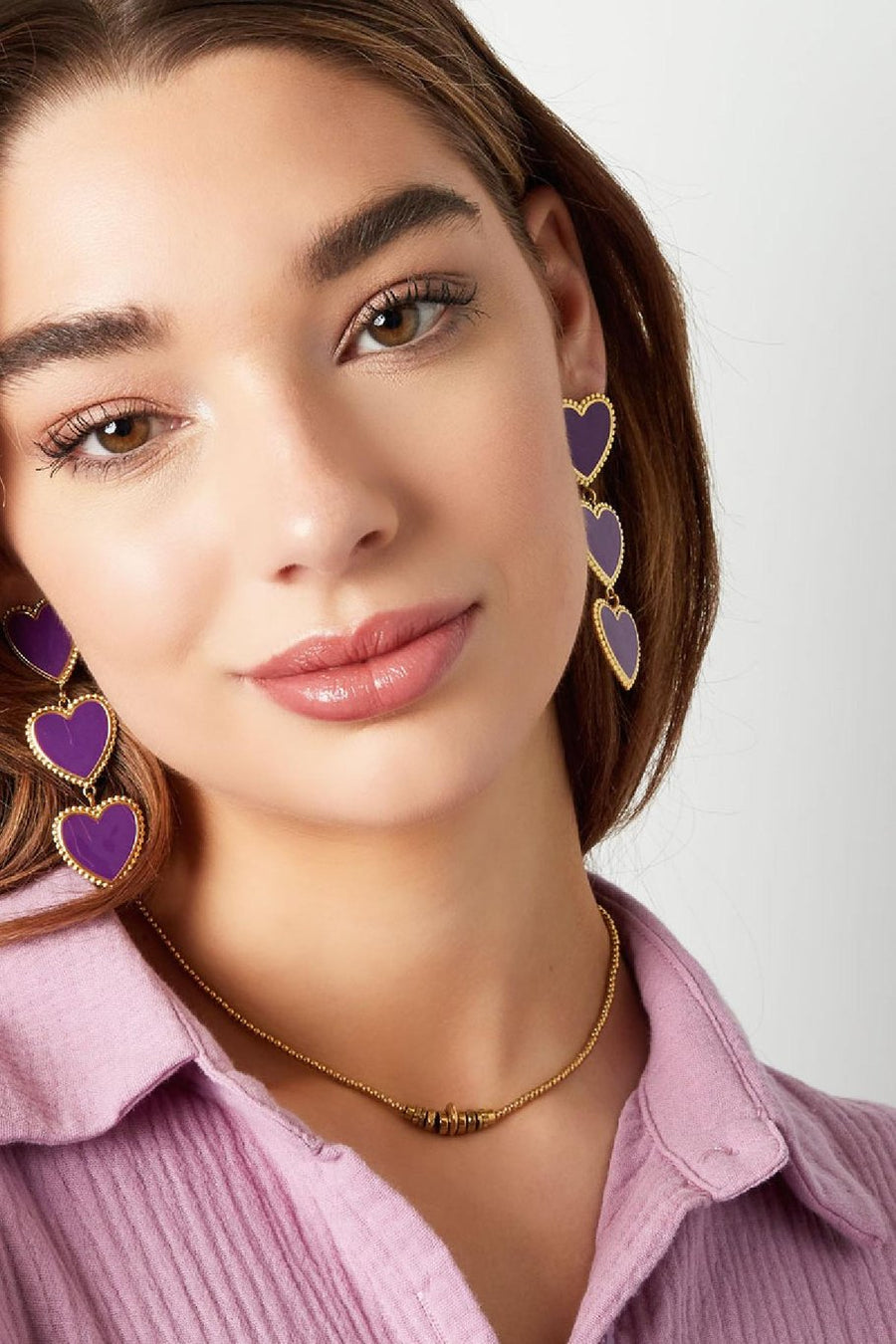 Stainless steel oorbellen met hartjes goudkleurig paars of bruin LoveSieraden