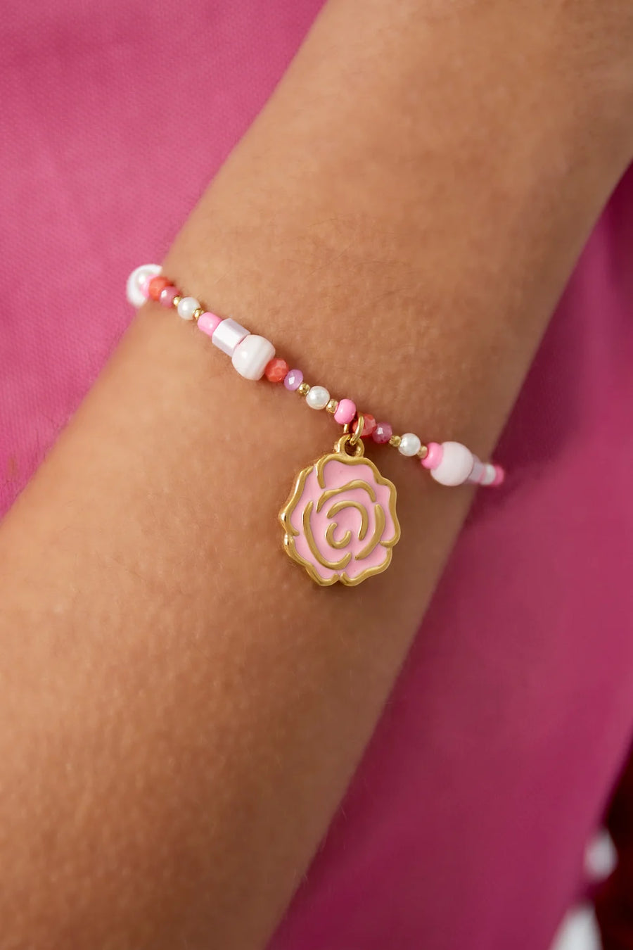 Roze kralen armband met roos bedel stainless steel LoveSieraden