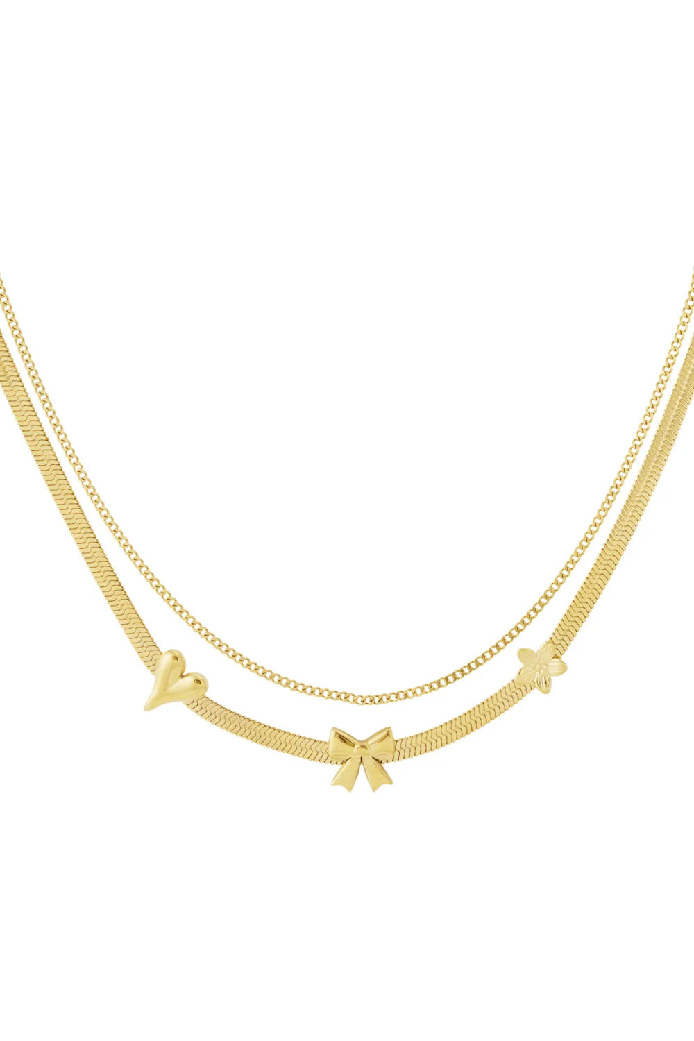 Dubbele ketting met hartje, strik en bloem LoveSieraden
