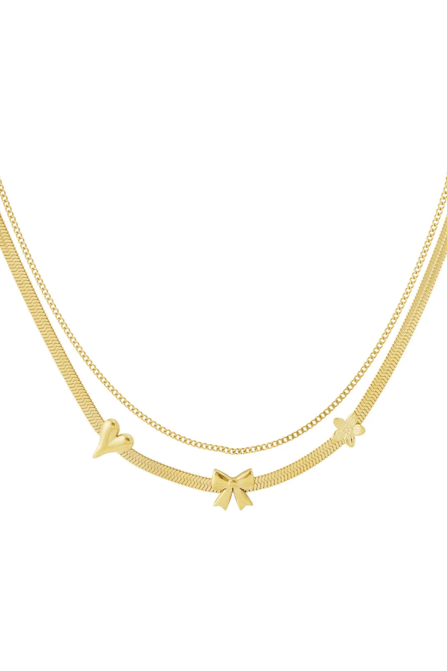 Dubbele ketting met hartje, strik en bloem LoveSieraden