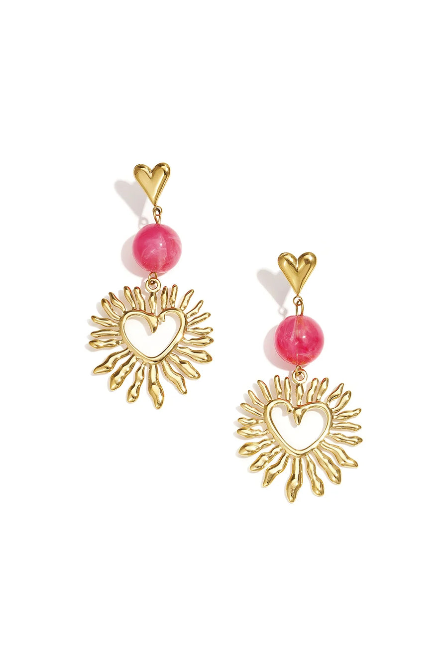 Gouden hartjes oorbellen met roze kraal stainless steel LoveSieraden