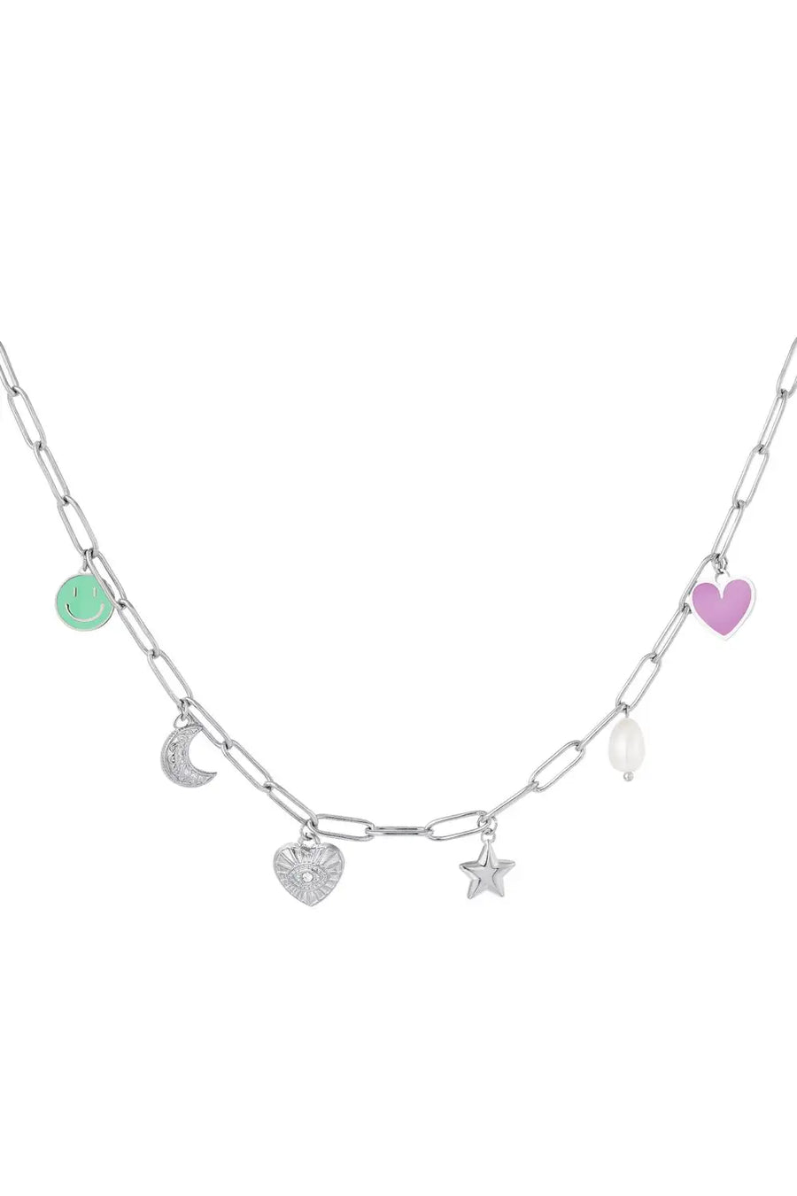 Bedelketting met smiley, hartje, maan en ster stainless steel LoveSieraden