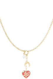 Gouden ketting dames met maan en rode hart bedel LoveSieraden