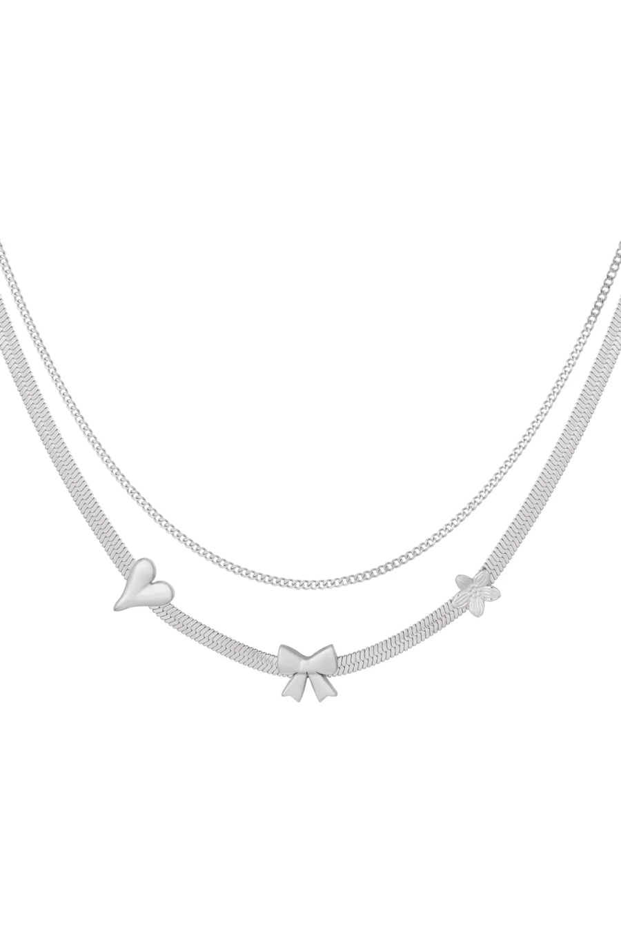 Dubbele ketting met hartje, strik en bloem LoveSieraden
