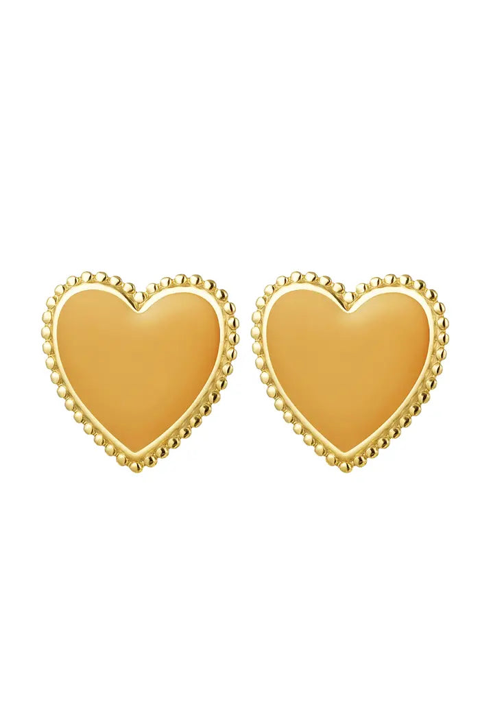 Oorknoppen hart mosterdkleur met gouden rand - LoveSieraden