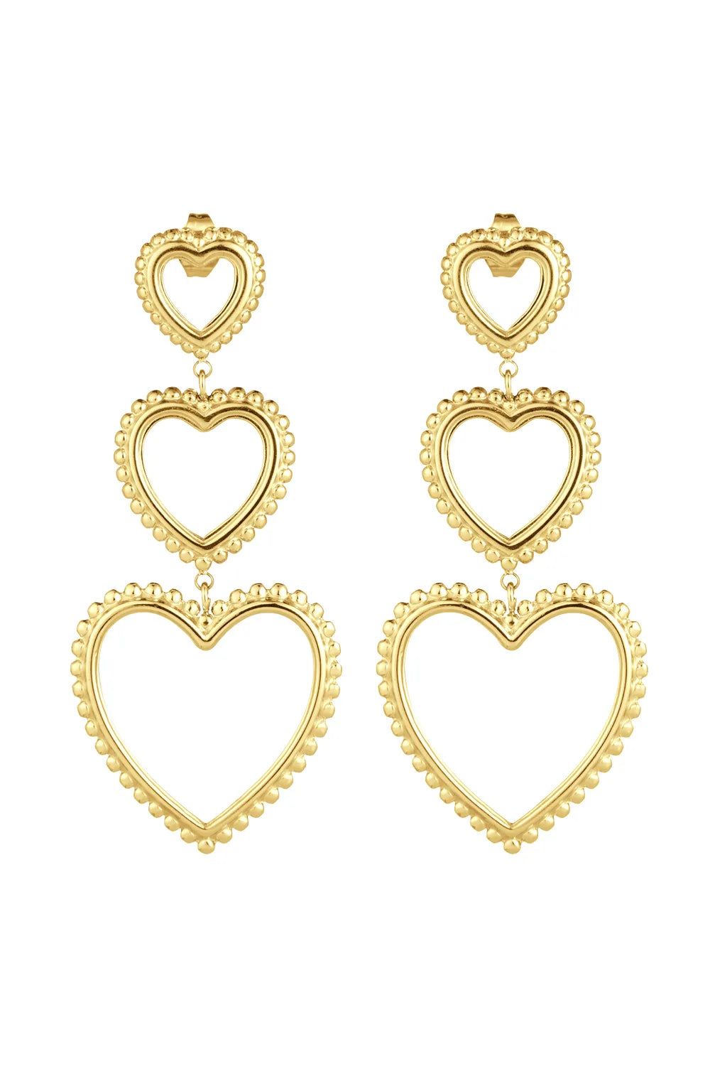 Oorbellen drie harten met sierlijk randje stainless steel LoveSieraden