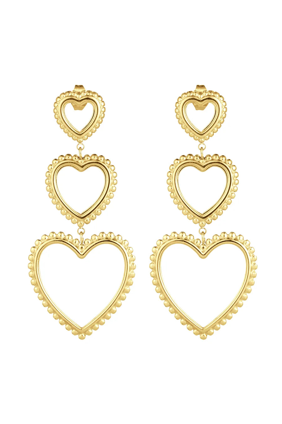 Oorbellen drie harten met sierlijk randje stainless steel LoveSieraden