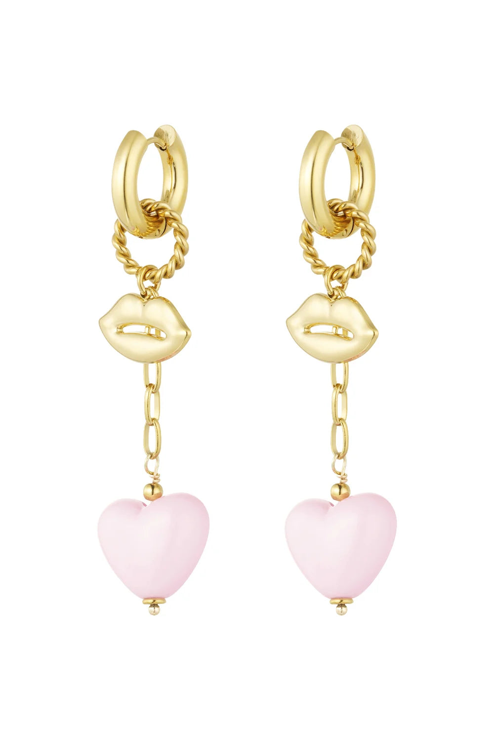 Gouden oorbellen roze hart statement LoveSieraden