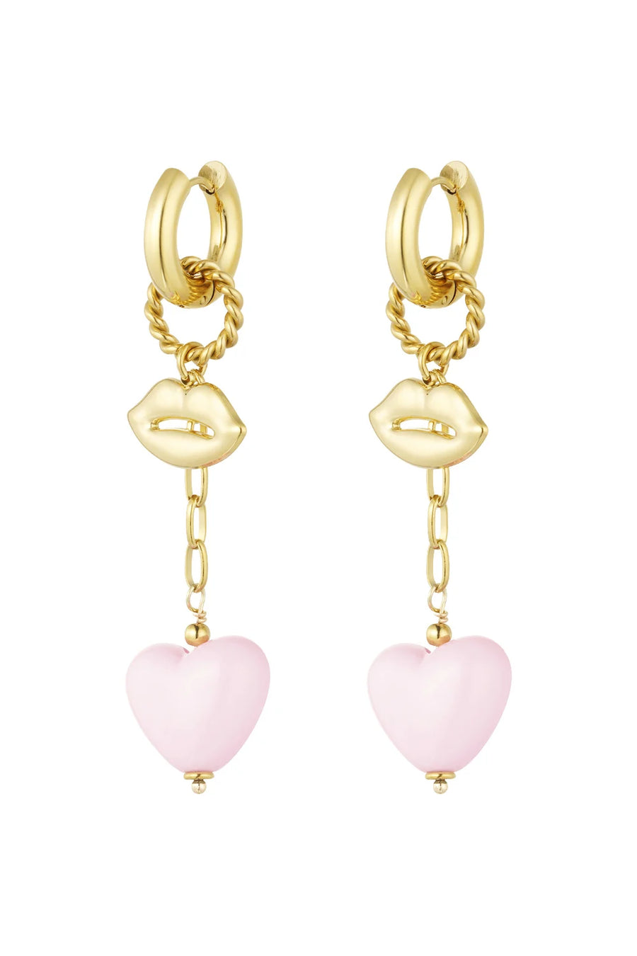 Gouden oorbellen roze hart statement LoveSieraden