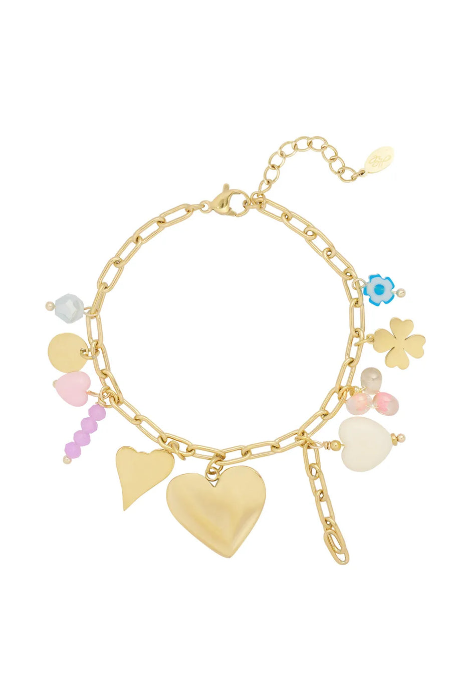 Bedelarmband hartjes en kleurrijke bedels stainless steel LoveSieraden