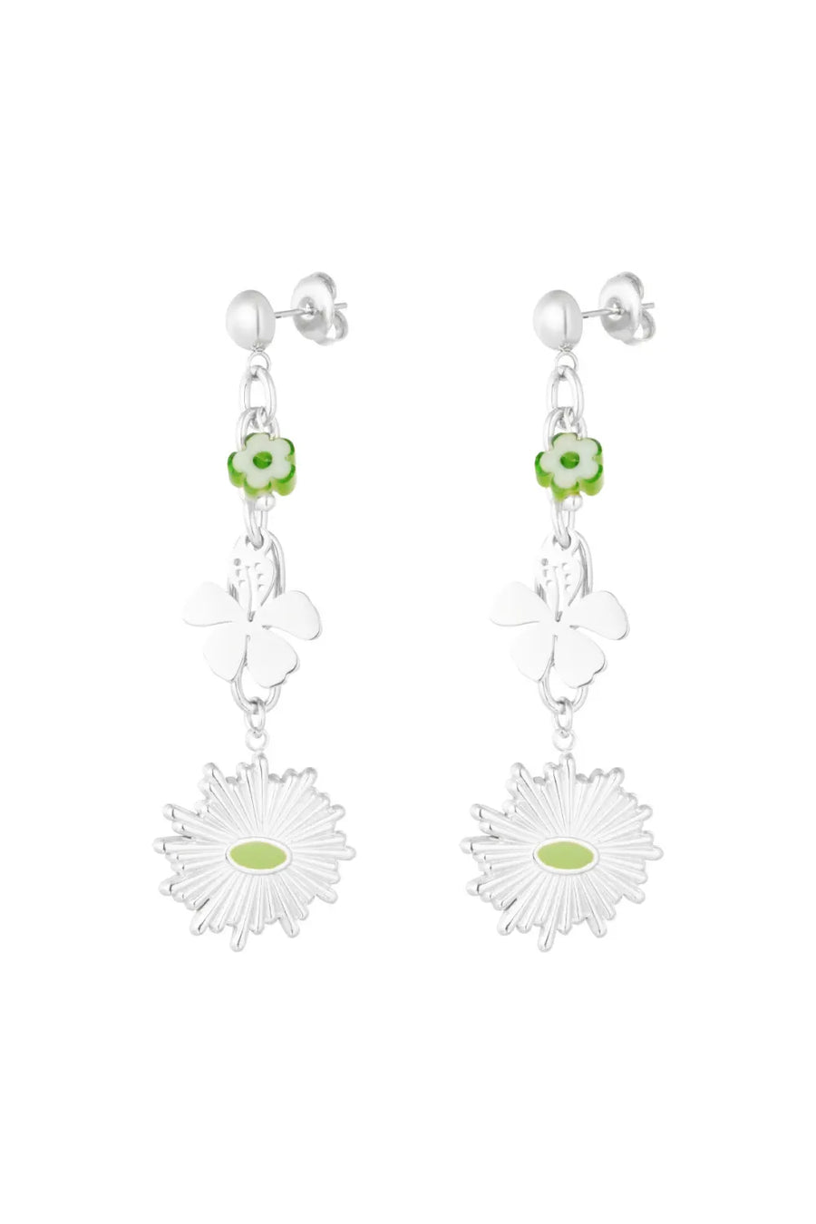 Oorbellen bloemen goud en groen stainless steel LoveSieraden