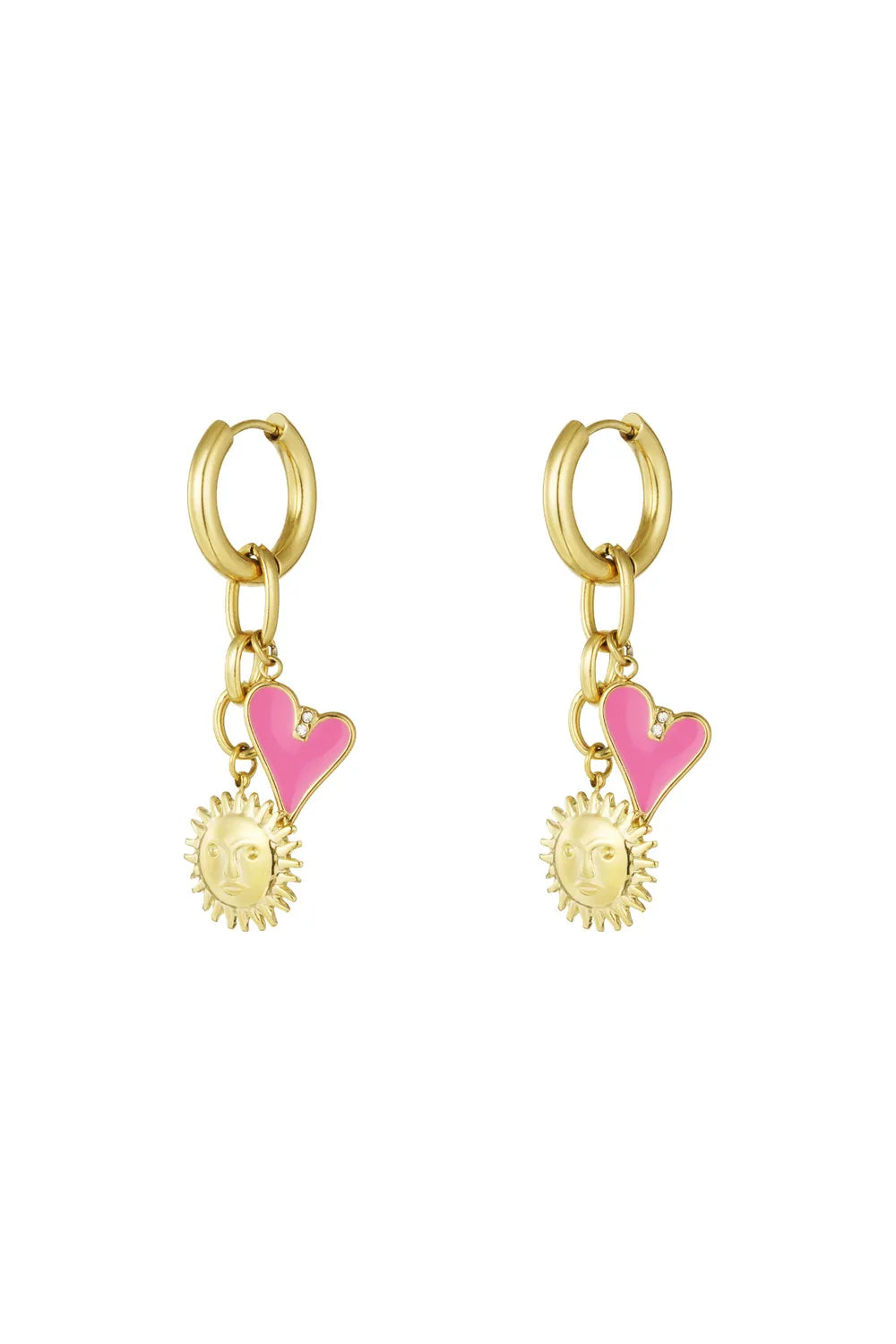 Oorbellen met zon en roze hart stainless steel LoveSieraden