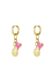 Oorbellen met zon en roze hart stainless steel LoveSieraden