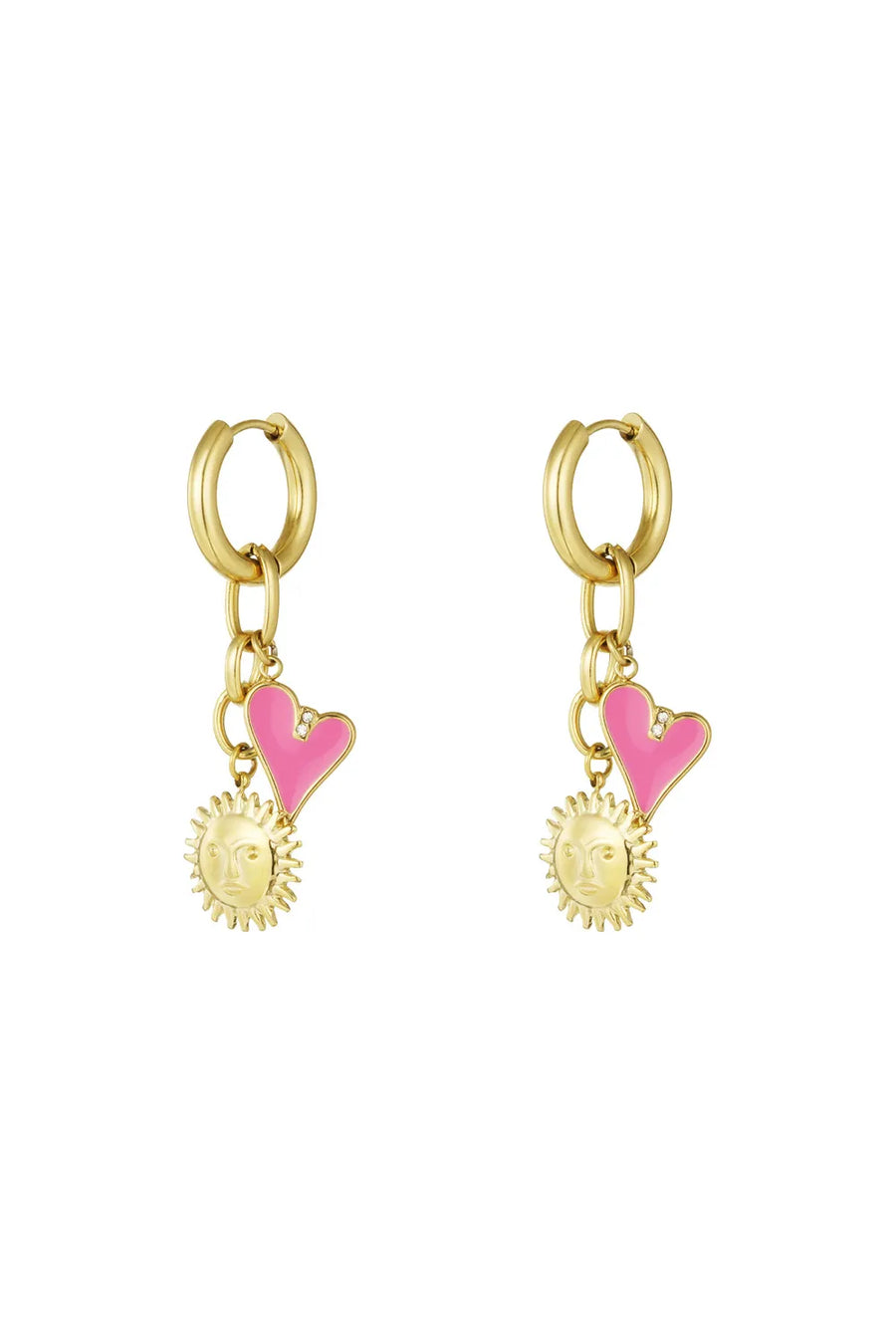 Oorbellen met zon en roze hart stainless steel LoveSieraden
