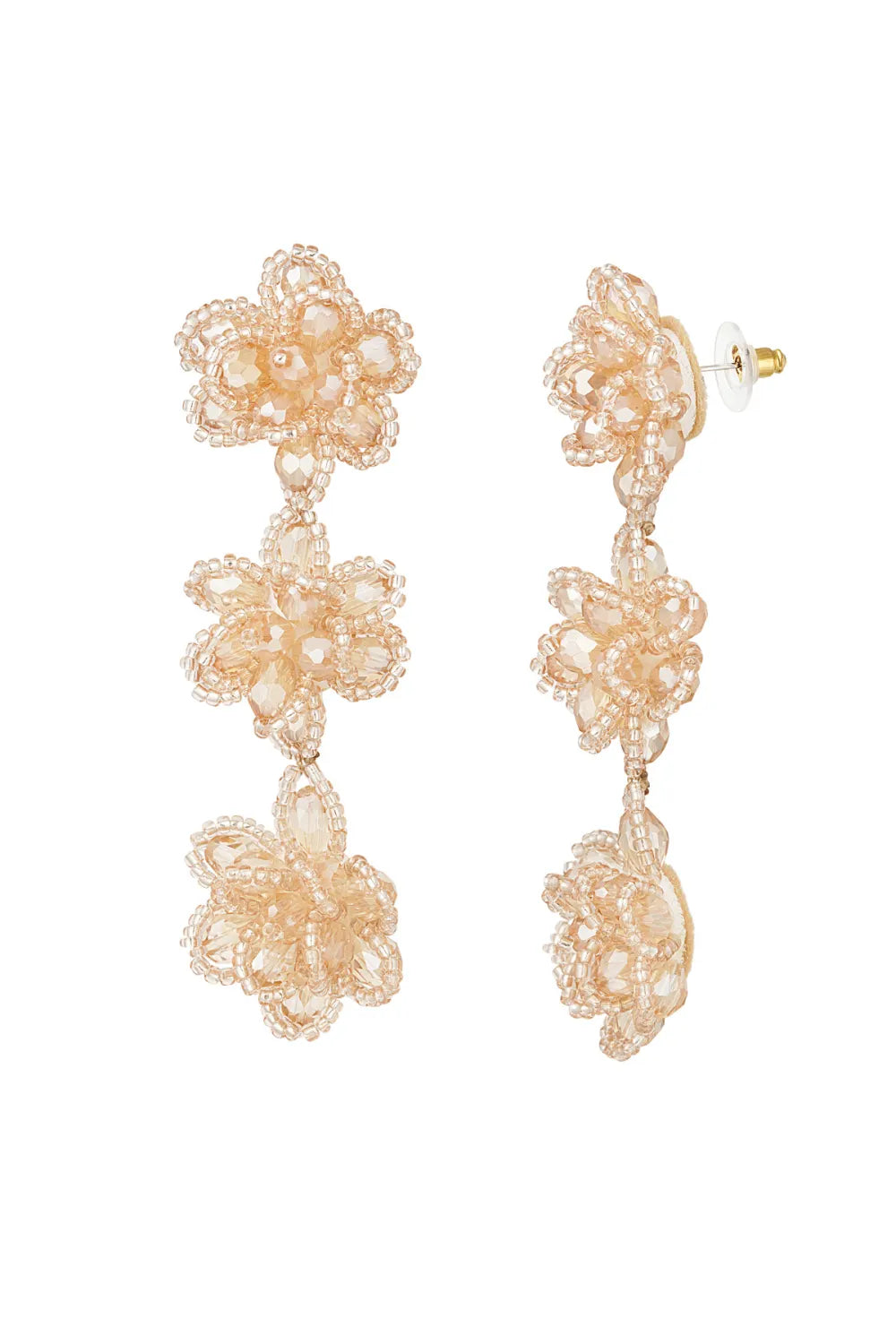 Statement oorbellen met drie bloemen beige LoveSieraden