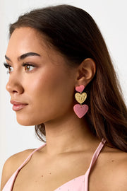Oorbellen drie harten roze met glitter LoveSieraden
