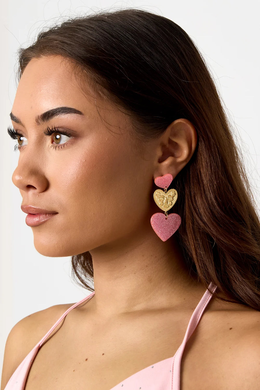 Oorbellen drie harten roze met glitter LoveSieraden
