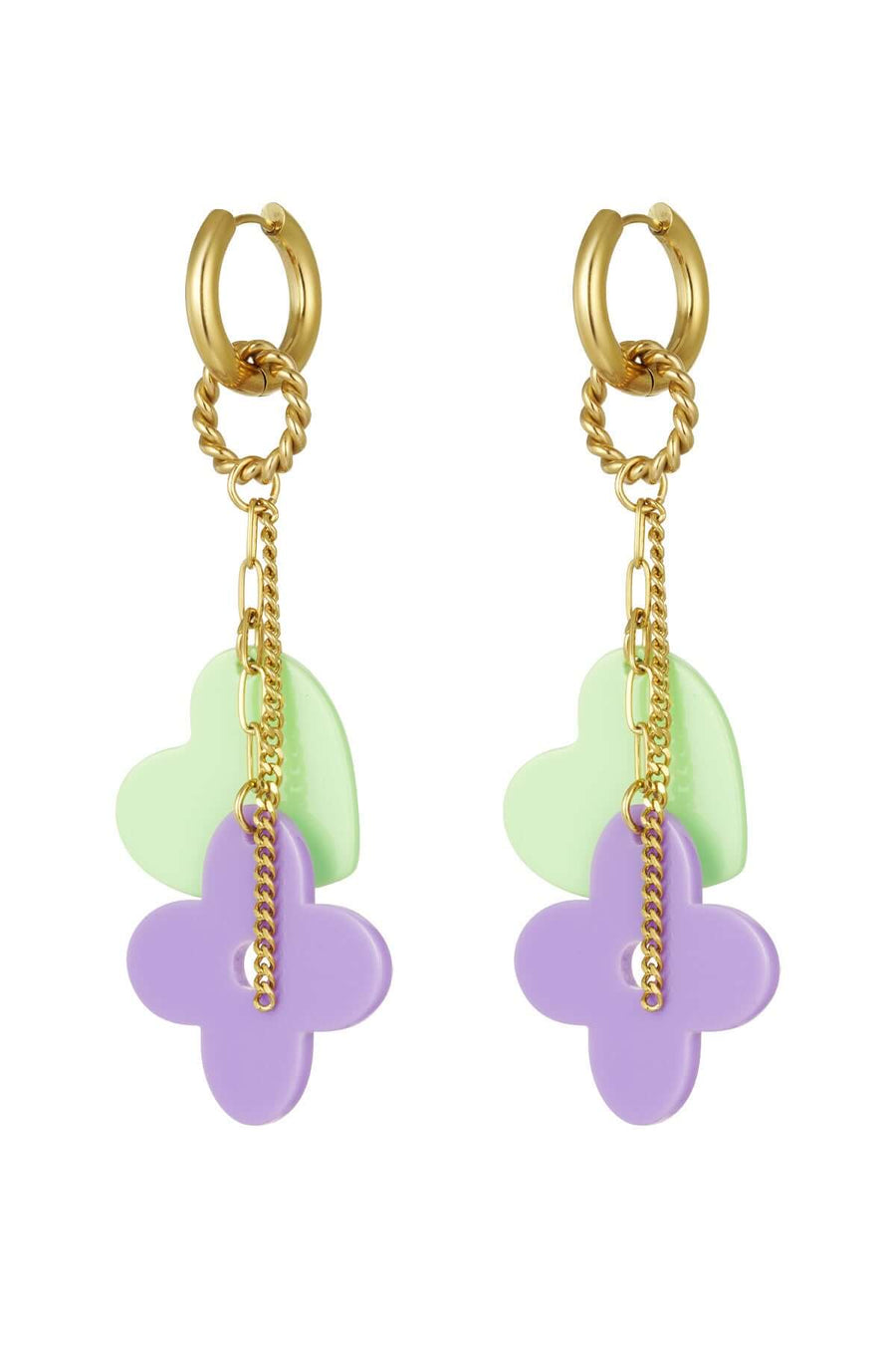 Oorhangers goud groen en paars bloem en hart pastel
