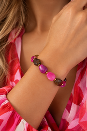 Elastische kralenarmband roze, paars en bruin stainless steel LoveSieraden