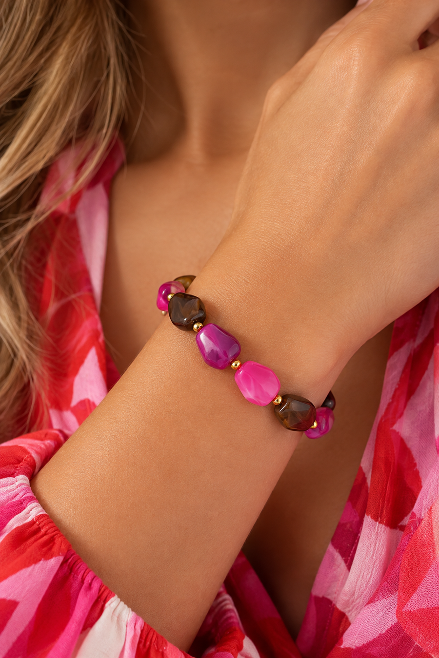 Elastische kralenarmband roze, paars en bruin stainless steel LoveSieraden