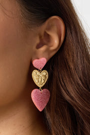 Oorbellen drie harten roze met glitter LoveSieraden