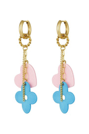 Oorbellen bloem en hart pastel roze blauw