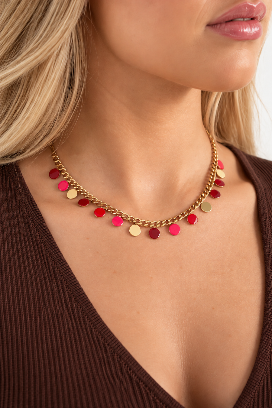 Gouden ketting met rode bedels stainless steel LoveSieraden