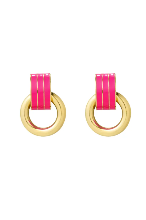 Gouden oorbellen rond met fuchsia detail