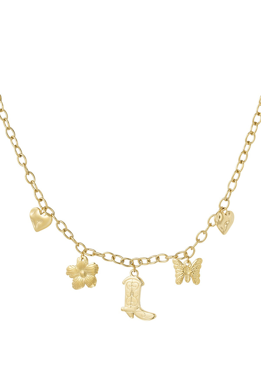 Bedelketting met hartjes, bloem, vlinder en cowboylaars LoveSieraden