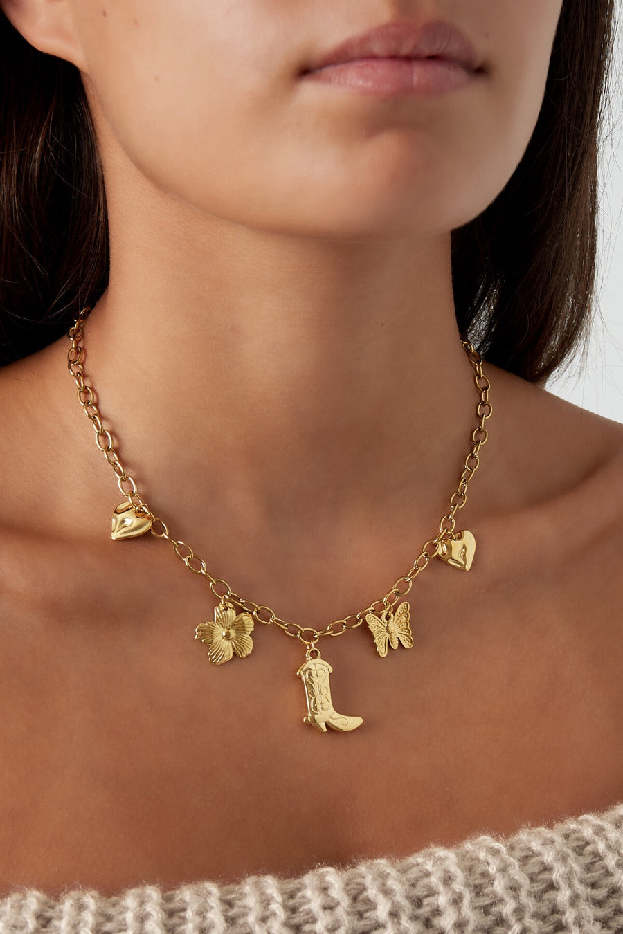Bedelketting met hartjes, bloem, vlinder en cowboylaars LoveSieraden