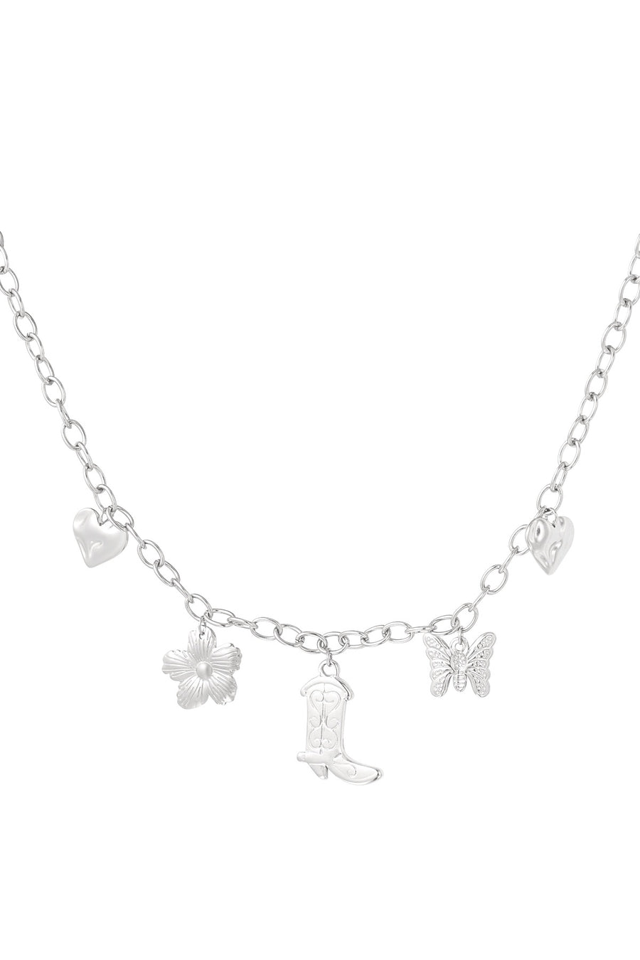 Bedelketting met hartjes, bloem, vlinder en cowboylaars LoveSieraden