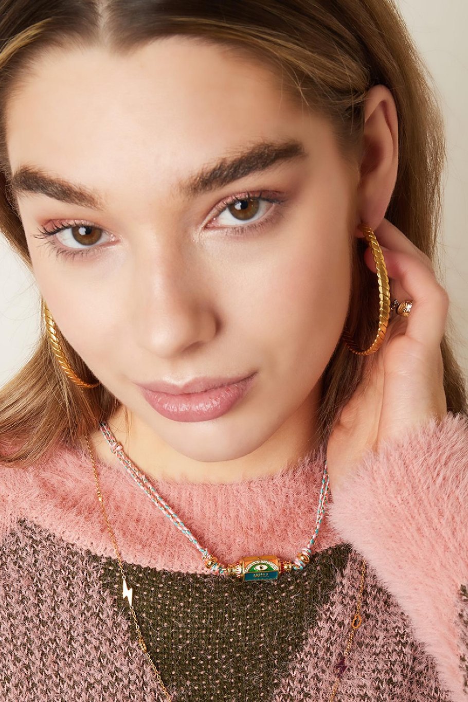 Ketting eye will met roze touw model