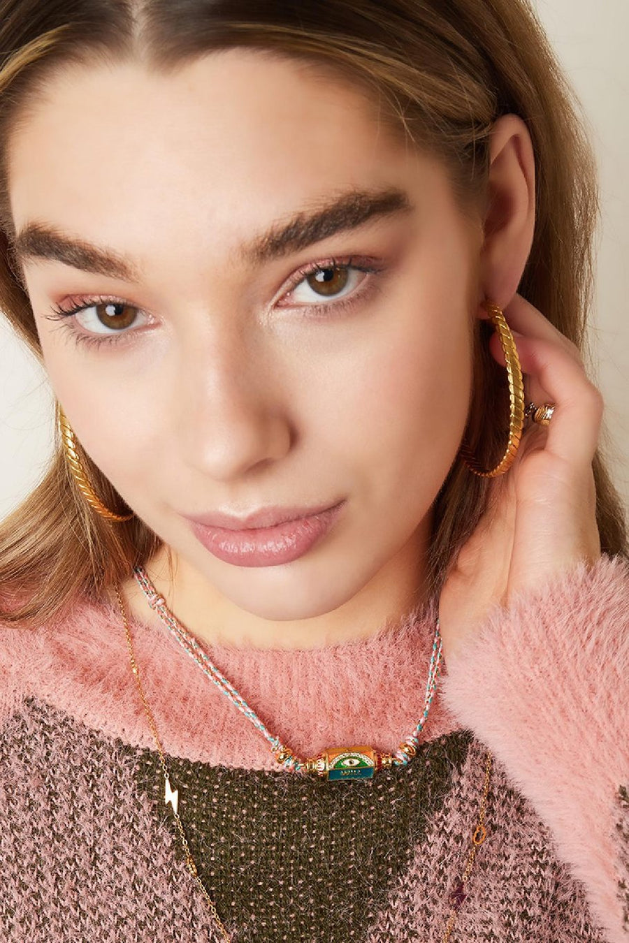 Ketting eye will met roze touw model