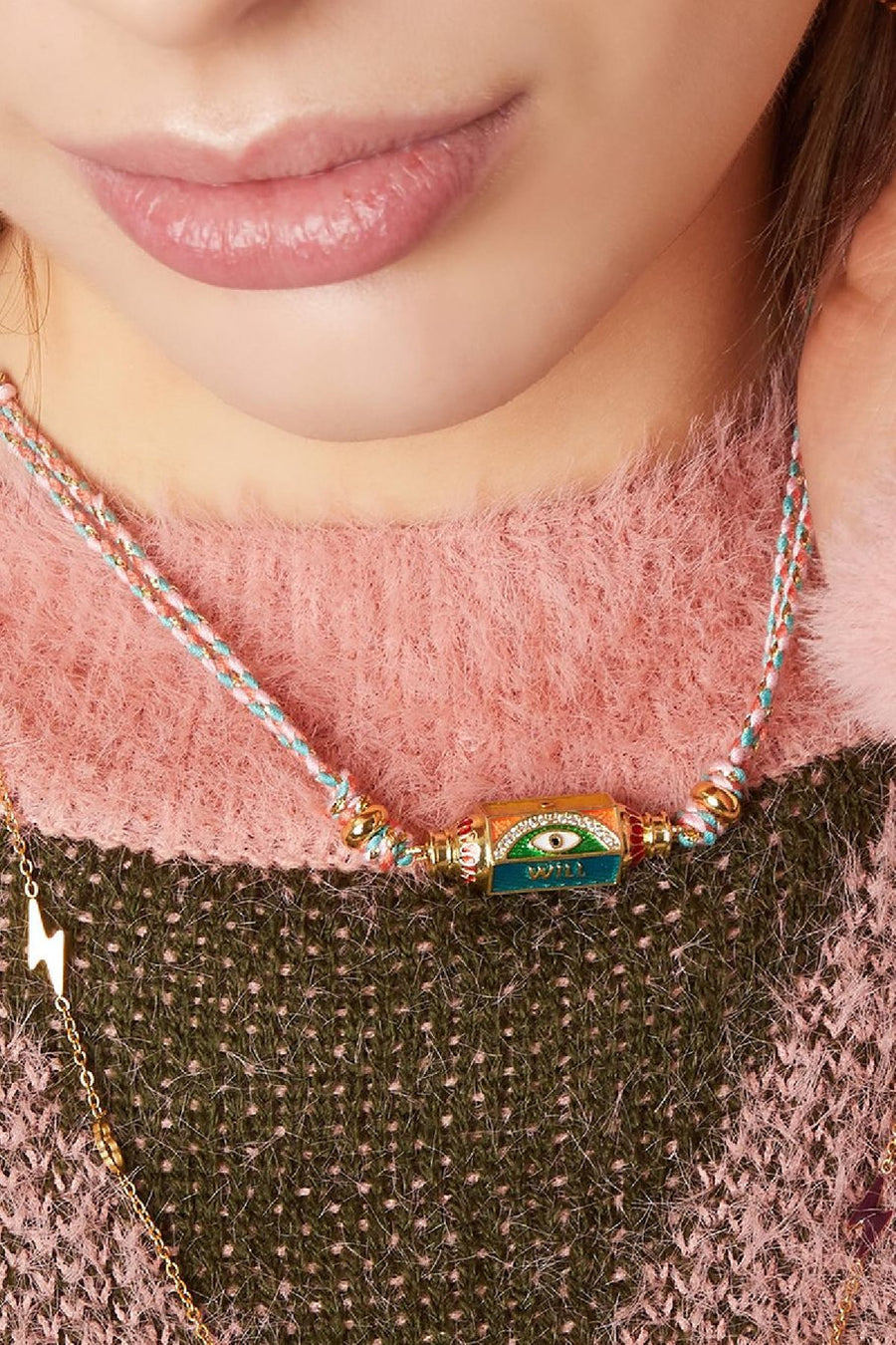 Ketting eye will met roze touw model1