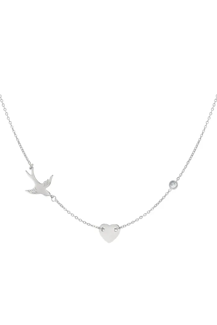 Ketting vogel, hartje en strass steentje