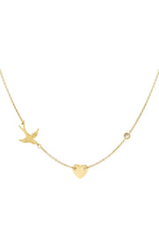 Ketting vogel, hartje en strass steentje goud