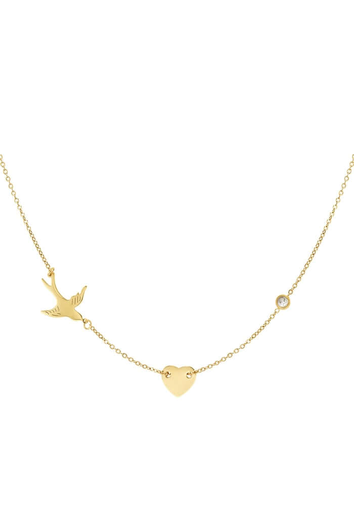 Ketting vogel, hartje en strass steentje goud