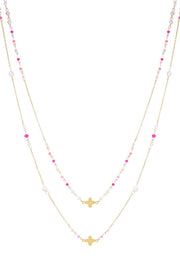 Lange damesketting dubbel gelaagd met klavers fuchsia