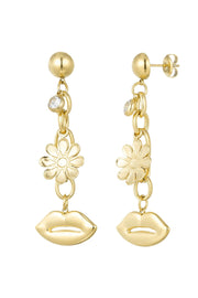 Oorbellen bloem en lippen stainless steel goud