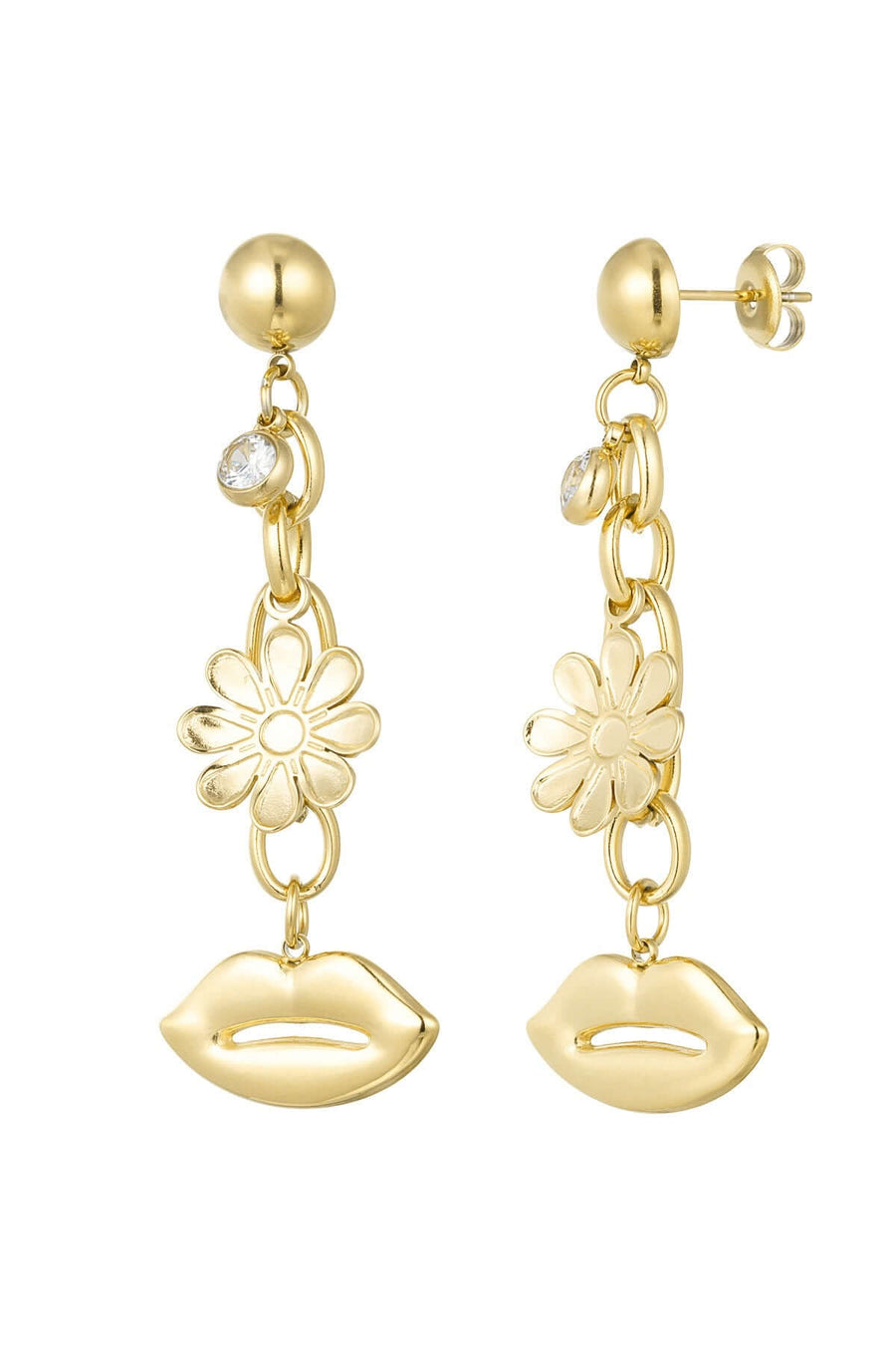 Oorbellen bloem en lippen stainless steel goud