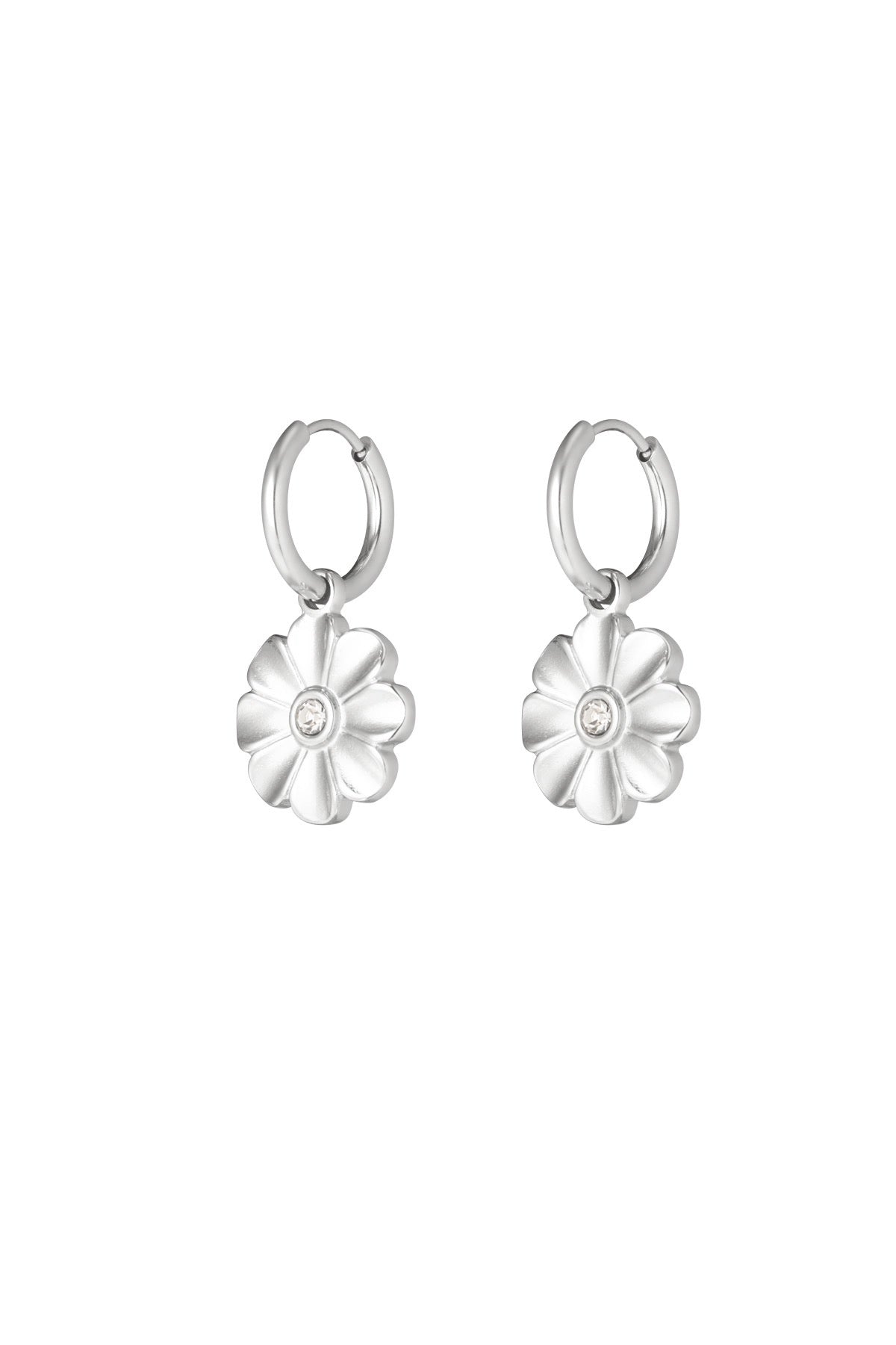 Oorbellen bloem en steentje stainless steel zilver