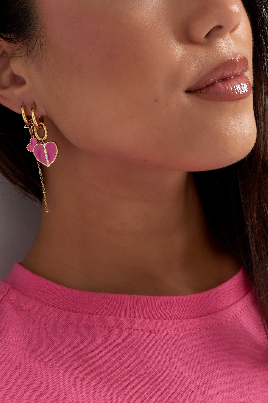 Oorbellen dames roze en paars hart stainless steel model