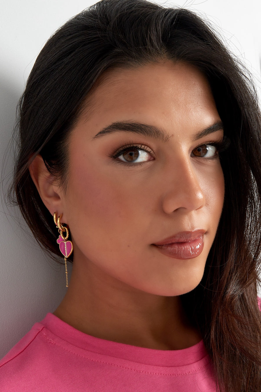 Oorbellen dames roze en paars hart stainless steel model1