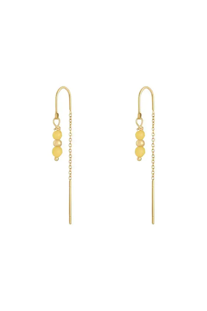 Oorbellen goud met kettinkje en fraaie ronde natuursteentjes geel