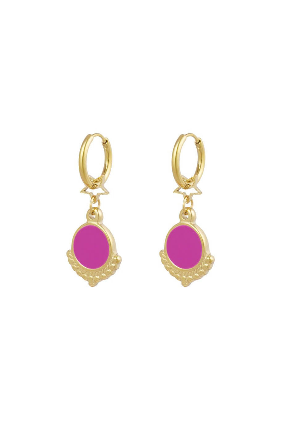 Oorbellen goud ster en gekleurde bedel fuchsia