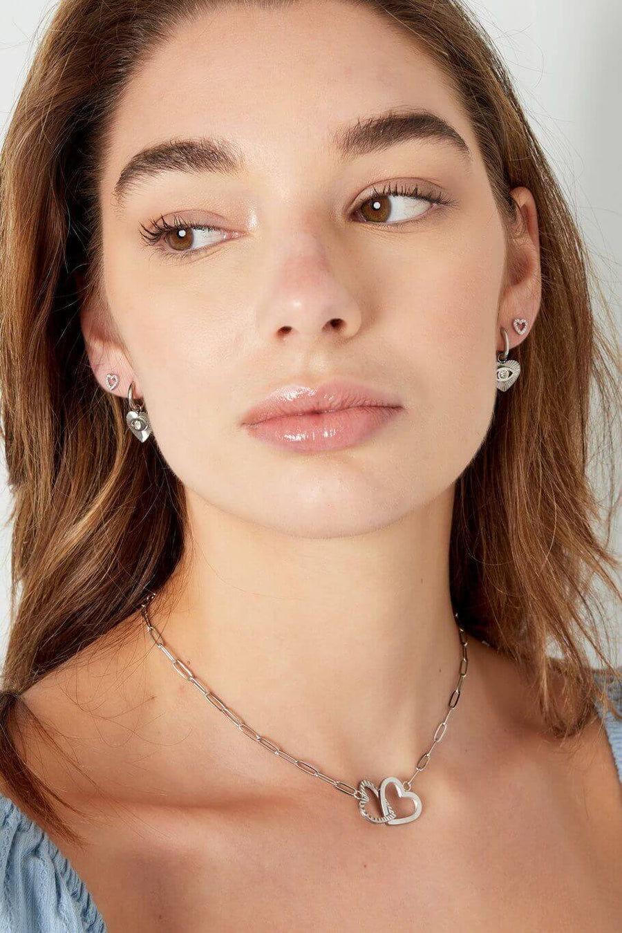 Schakelketting dames verbonden harten zilver model