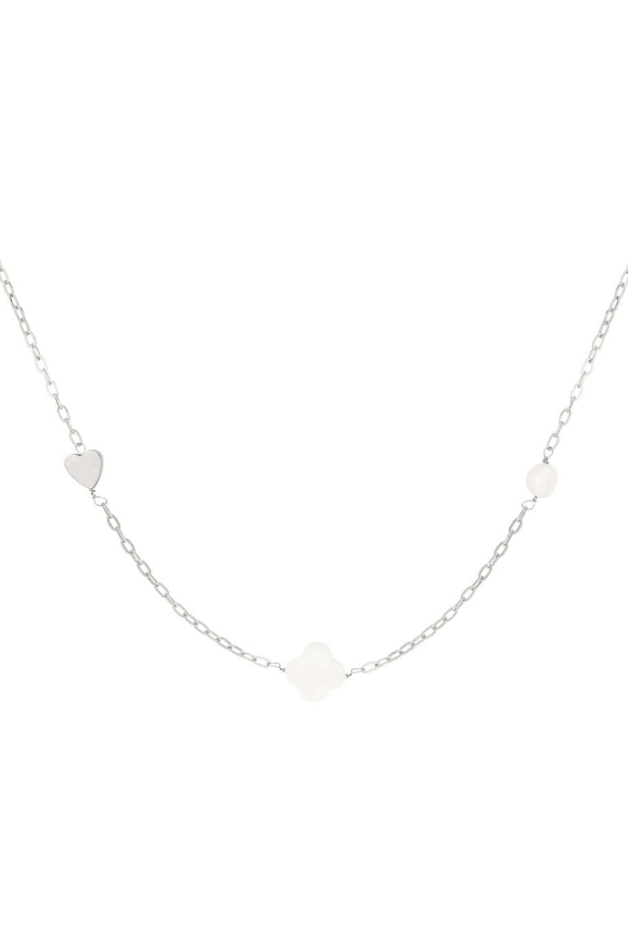 Schakelketting zilver klaver, hartje en parel